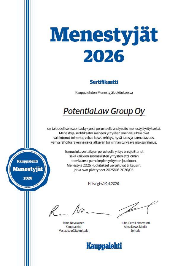 Kauppalehden menestyjät sertifikaatti